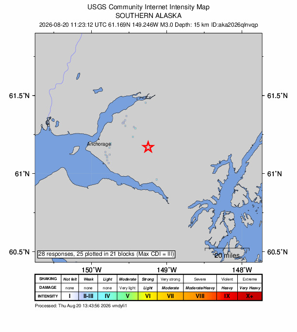 USGS DYFI community-reported intensity map for the M3.0 earthquake near 22 km ESE of Elmendorf Air Force Base, Alaska