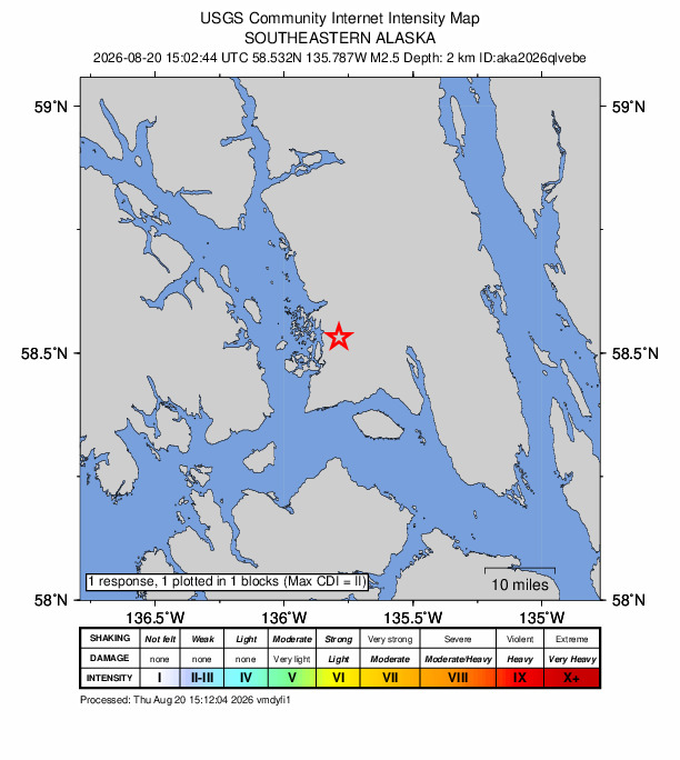 USGS DYFI community-reported intensity map for the M2.5 earthquake near 13 km NNW of Gustavus, Alaska