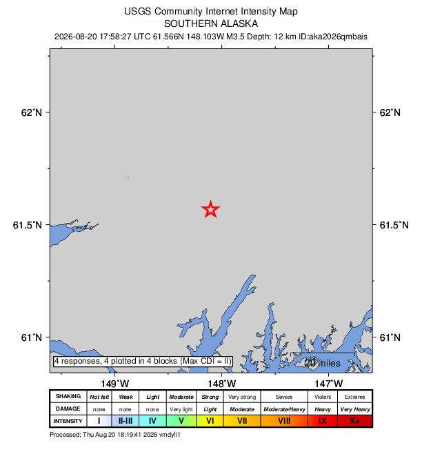 USGS DYFI community-reported intensity map for the M3.5 earthquake near 31 km SE of Chickaloon, Alaska