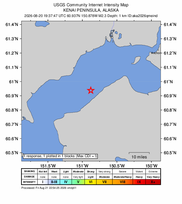 USGS DYFI community-reported intensity map for the M2.3 earthquake near 10 km W of Point Possession, Alaska