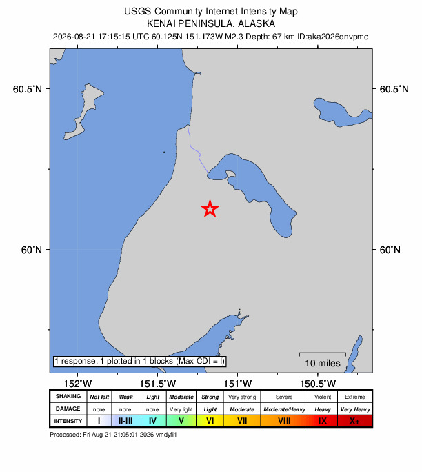 USGS DYFI community-reported intensity map for the M2.3 earthquake near 17 km SE of Clam Gulch, Alaska