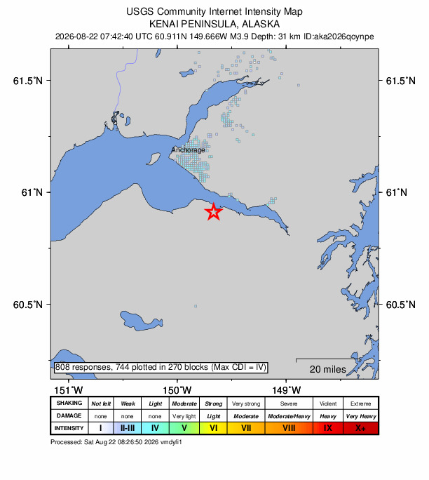 USGS DYFI community-reported intensity map for the M3.9 earthquake near 1 km WSW of Hope, Alaska