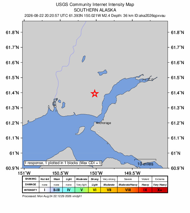 USGS DYFI community-reported intensity map for the M2.4 earthquake near 4 km NNW of Point MacKenzie, Alaska