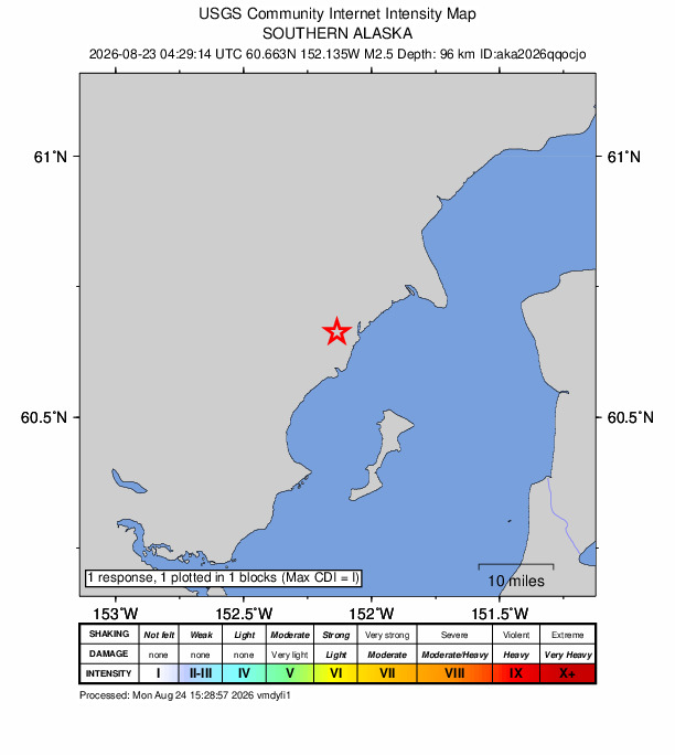USGS DYFI community-reported intensity map for the M2.5 earthquake near 44 km W of Salamatof, Alaska