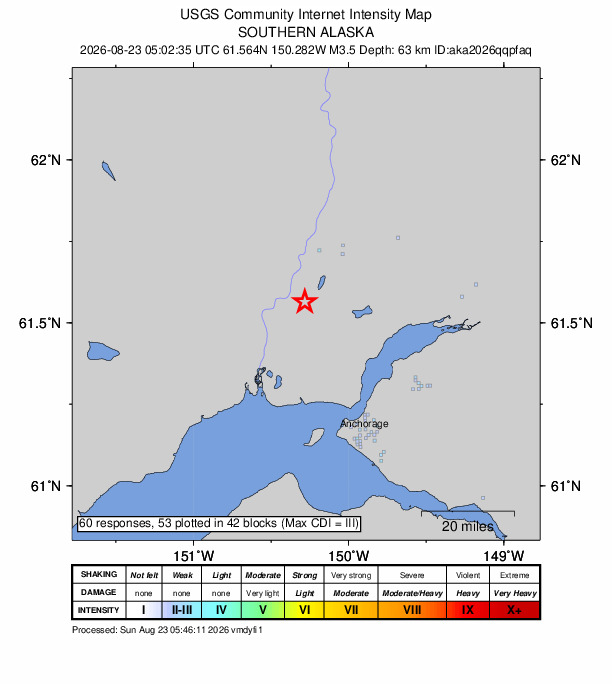 USGS DYFI community-reported intensity map for the M3.5 earthquake near 12 km E of Susitna, Alaska