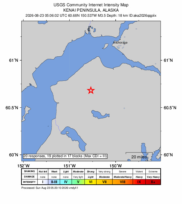 USGS DYFI community-reported intensity map for the M3.5 earthquake near 21 km NE of Sterling, Alaska