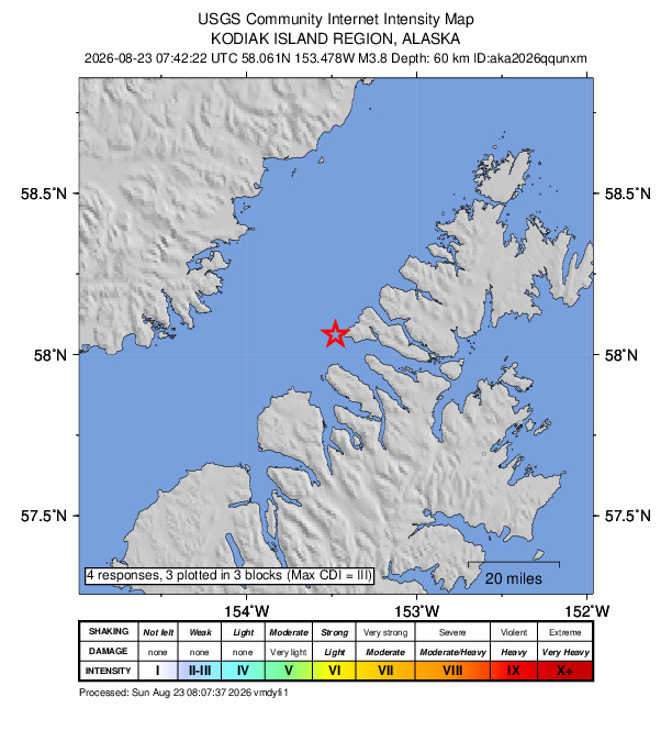 USGS DYFI community-reported intensity map for the M3.8 earthquake near 33 km W of Aleneva, Alaska