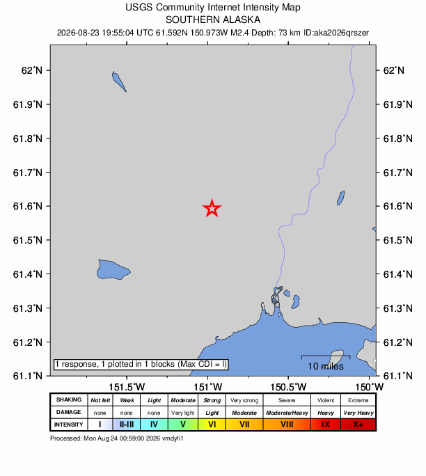 USGS DYFI community-reported intensity map for the M2.4 earthquake near 25 km WNW of Susitna, Alaska