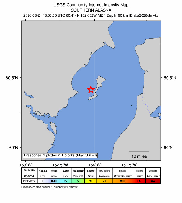 USGS DYFI community-reported intensity map for the M2.1 earthquake near 41 km W of Cohoe, Alaska