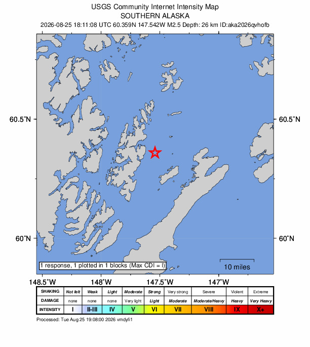 USGS DYFI community-reported intensity map for the M2.5 earthquake near 39 km NE of Chenega, Alaska