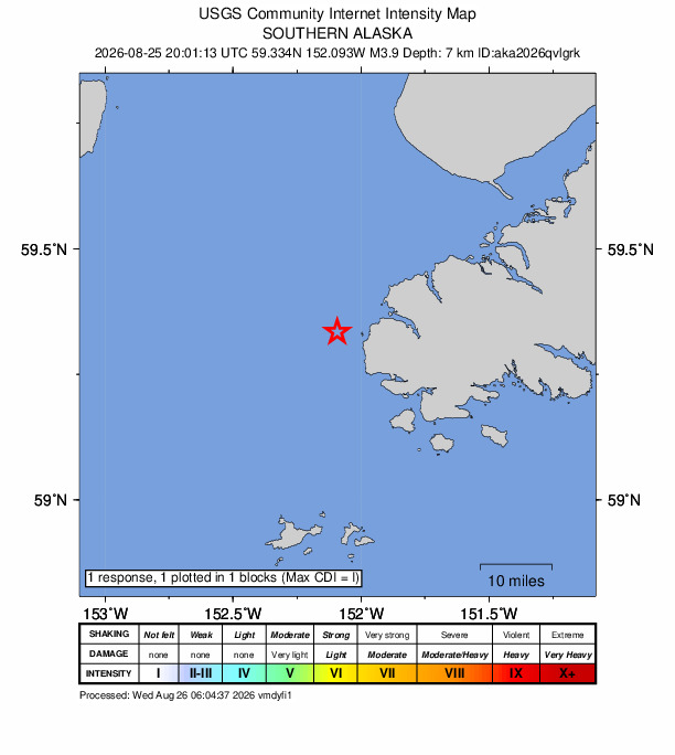 USGS DYFI community-reported intensity map for the M3.9 earthquake near 10 km WSW of Nanwalek, Alaska