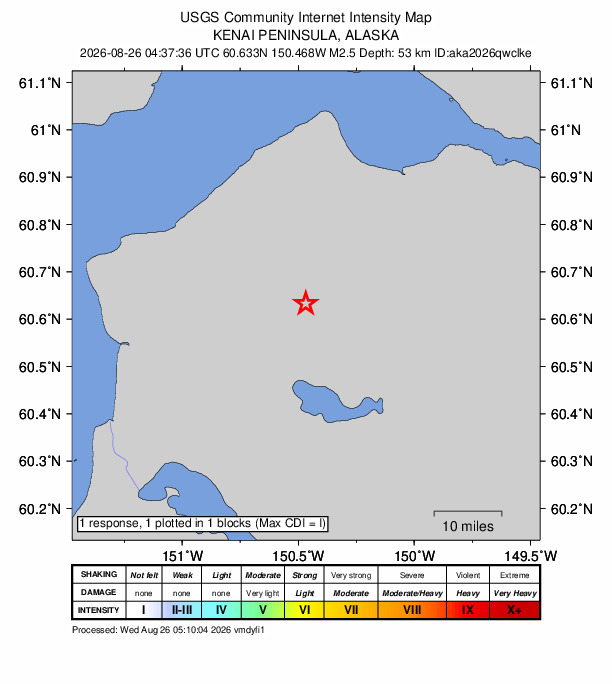 USGS DYFI community-reported intensity map for the M2.5 earthquake near 19 km ENE of Sterling, Alaska