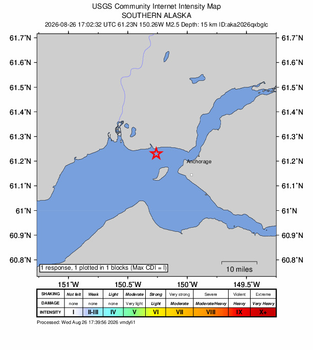 USGS DYFI community-reported intensity map for the M2.5 earthquake near 19 km W of Anchorage, Alaska