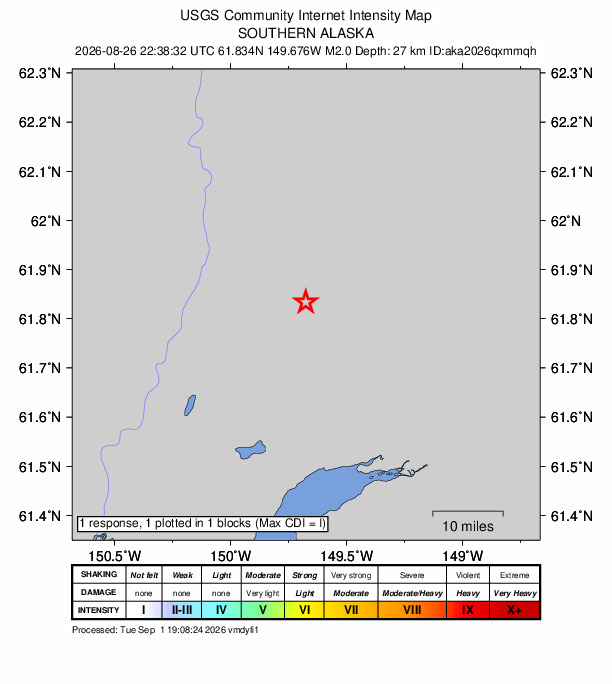 USGS DYFI community-reported intensity map for the M2.0 earthquake near 21 km ENE of Willow, Alaska