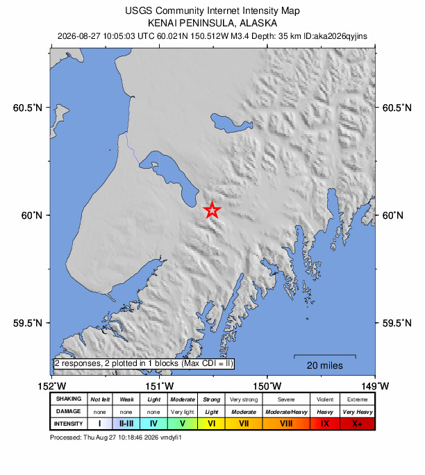 USGS DYFI community-reported intensity map for the M3.4 earthquake near 30 km NE of Fox River, Alaska