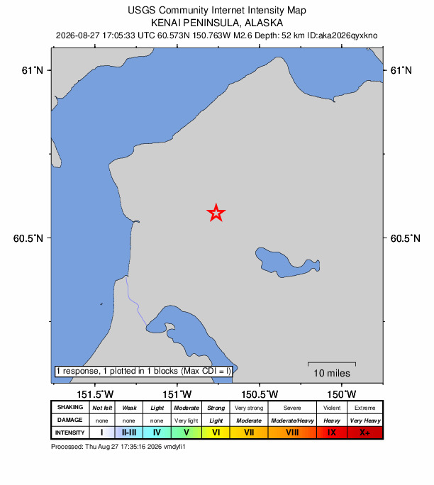 USGS DYFI community-reported intensity map for the M2.6 earthquake near 3 km N of Sterling, Alaska