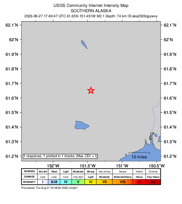 USGS DYFI community-reported intensity map for the M2.1 earthquake near 38 km S of Skwentna, Alaska