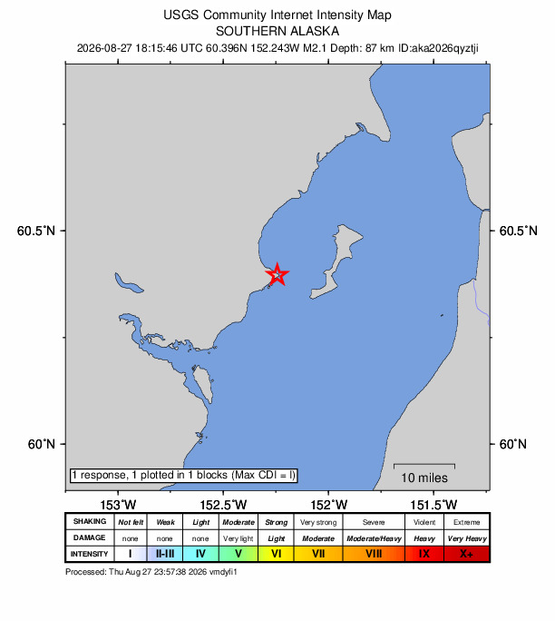 USGS DYFI community-reported intensity map for the M2.1 earthquake near 49 km NW of Ninilchik, Alaska