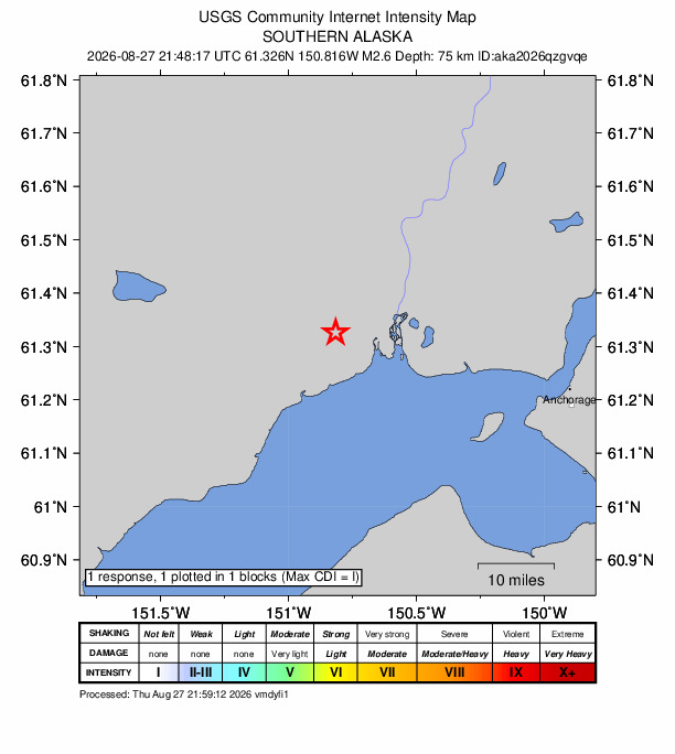USGS DYFI community-reported intensity map for the M2.6 earthquake near 25 km NE of Beluga, Alaska