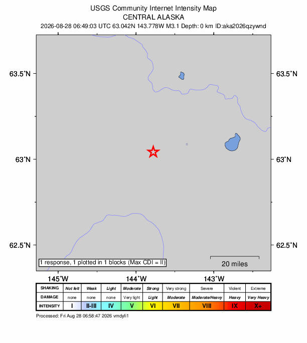 USGS DYFI community-reported intensity map for the M3.1 earthquake near 13 km N of Mentasta Lake, Alaska