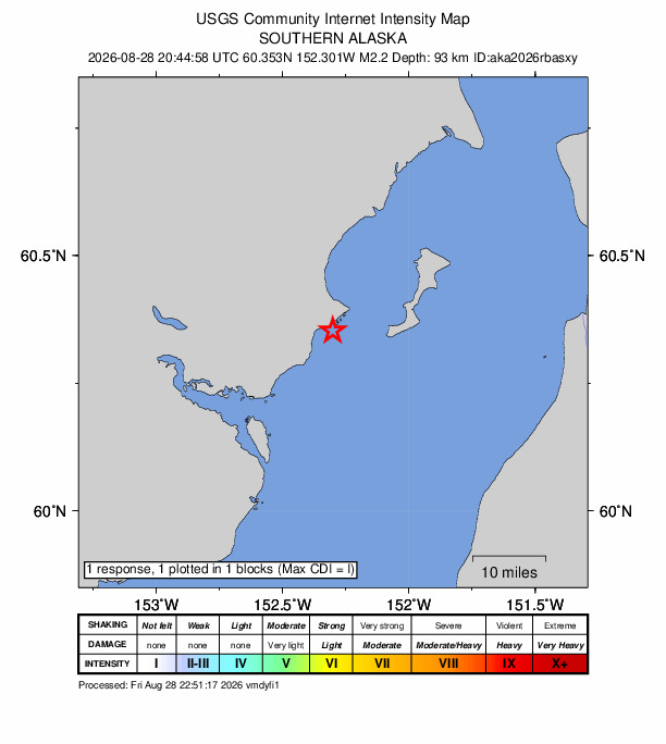 USGS DYFI community-reported intensity map for the M2.2 earthquake near 48 km NW of Ninilchik, Alaska