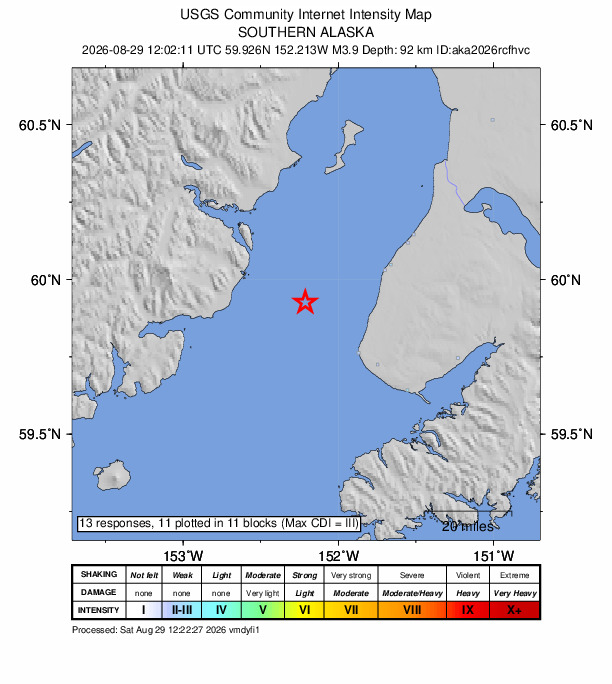 USGS DYFI community-reported intensity map for the M3.9 earthquake near 26 km W of Happy Valley, Alaska