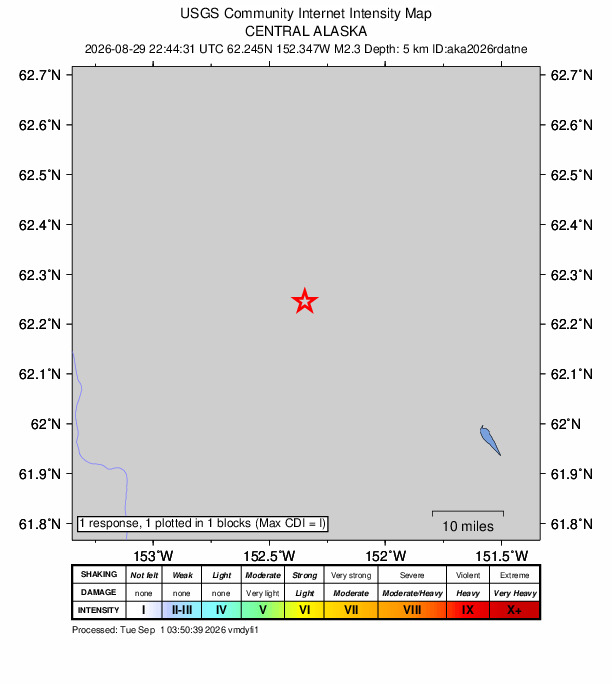 USGS DYFI community-reported intensity map for the M2.3 earthquake near 57 km WNW of Skwentna, Alaska
