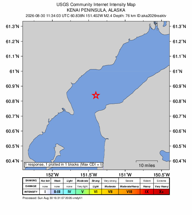 USGS DYFI community-reported intensity map for the M2.4 earthquake near 17 km NNW of Nikiski, Alaska