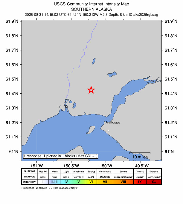 USGS DYFI community-reported intensity map for the M2.3 earthquake near 14 km WNW of Point MacKenzie, Alaska