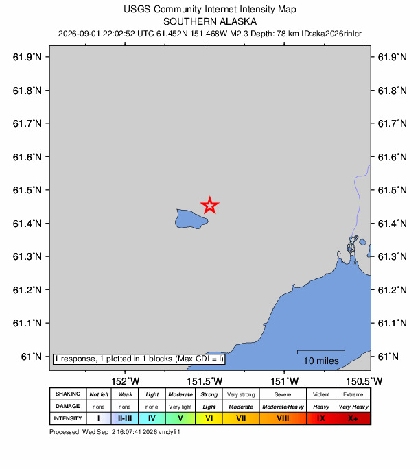 USGS DYFI community-reported intensity map for the M2.3 earthquake near 40 km NNW of Beluga, Alaska