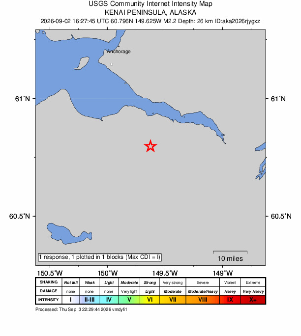 USGS DYFI community-reported intensity map for the M2.2 earthquake near 13 km S of Hope, Alaska