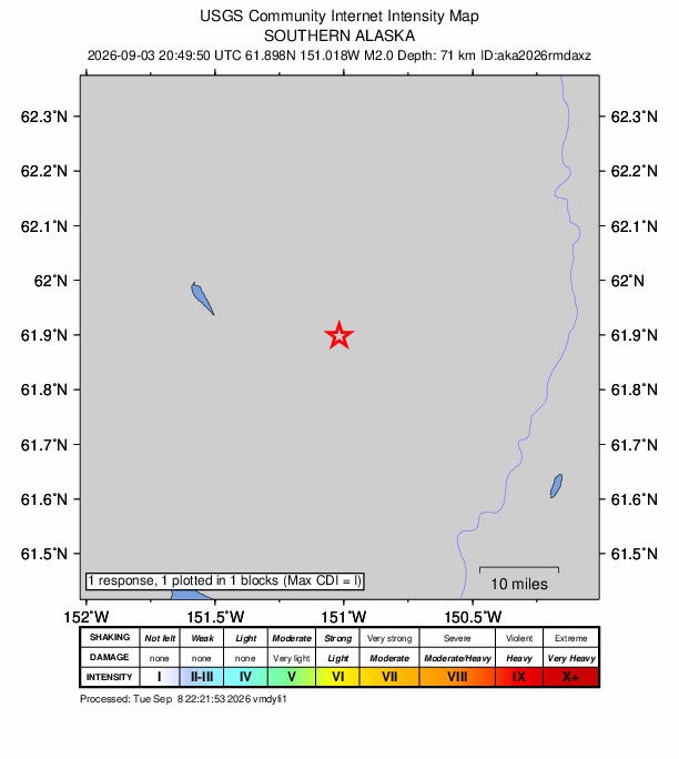 USGS DYFI community-reported intensity map for the M2.0 earthquake near 22 km ESE of Skwentna, Alaska