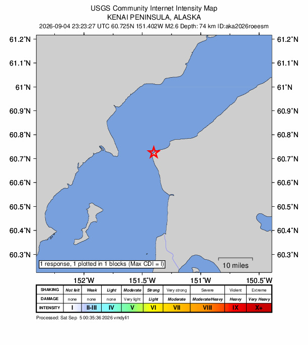 USGS DYFI community-reported intensity map for the M2.6 earthquake near 7 km WNW of Nikiski, Alaska