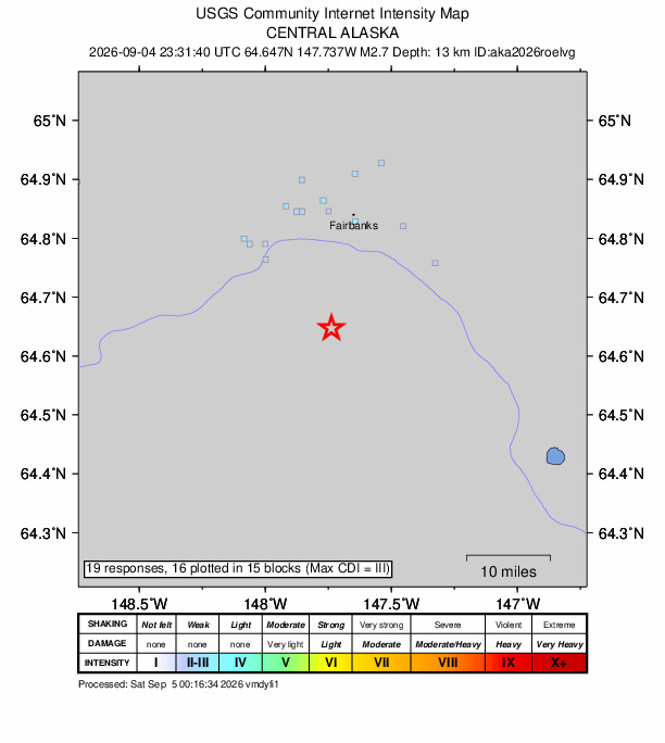 USGS DYFI community-reported intensity map for the M2.7 earthquake near 18 km S of South Van Horn, Alaska