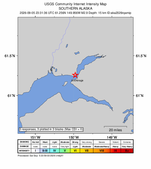USGS DYFI community-reported intensity map for the M2.9 earthquake near 4 km NW of Anchorage, Alaska