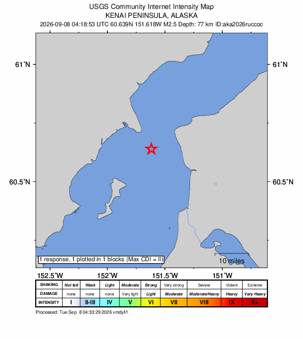 USGS DYFI community-reported intensity map for the M2.5 earthquake near 16 km W of Salamatof, Alaska