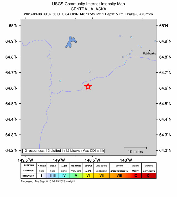 USGS DYFI community-reported intensity map for the M3.1 earthquake near 25 km E of Nenana, Alaska