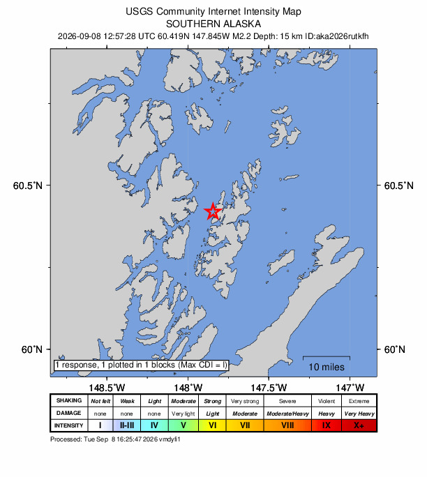 USGS DYFI community-reported intensity map for the M2.2 earthquake near 40 km NNE of Chenega, Alaska