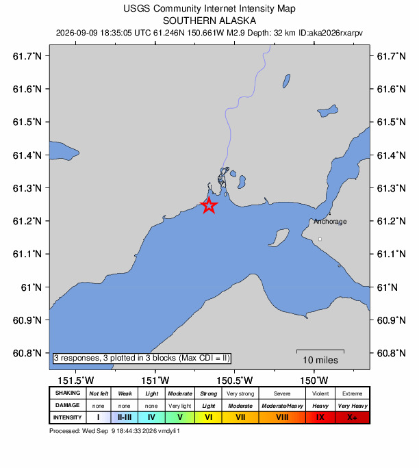 USGS DYFI community-reported intensity map for the M2.9 earthquake near 25 km ENE of Beluga, Alaska