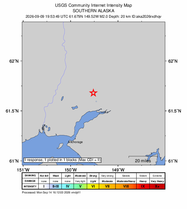 USGS DYFI community-reported intensity map for the M2.0 earthquake near 7 km NE of Meadow Lakes, Alaska