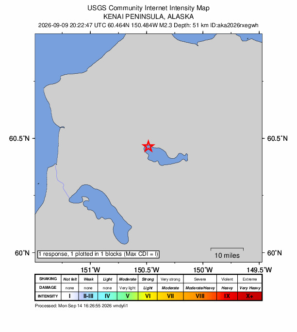 USGS DYFI community-reported intensity map for the M2.3 earthquake near 15 km ESE of Funny River, Alaska
