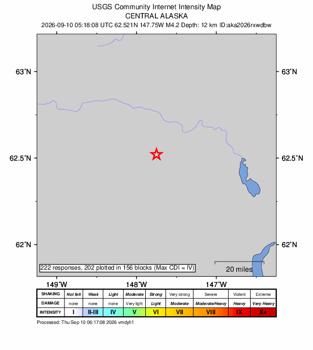 USGS DYFI community-reported intensity map for the M4.2 earthquake near 67 km WNW of Lake Louise, Alaska