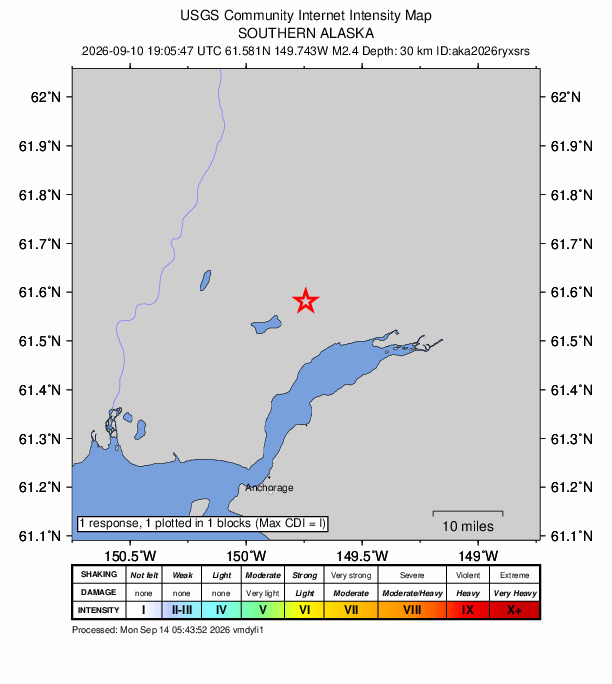 USGS DYFI community-reported intensity map for the M2.4 earthquake near 6 km SE of Houston, Alaska