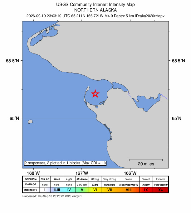 USGS DYFI community-reported intensity map for the M4.0 earthquake near 8 km SE of Port Clarence, Alaska
