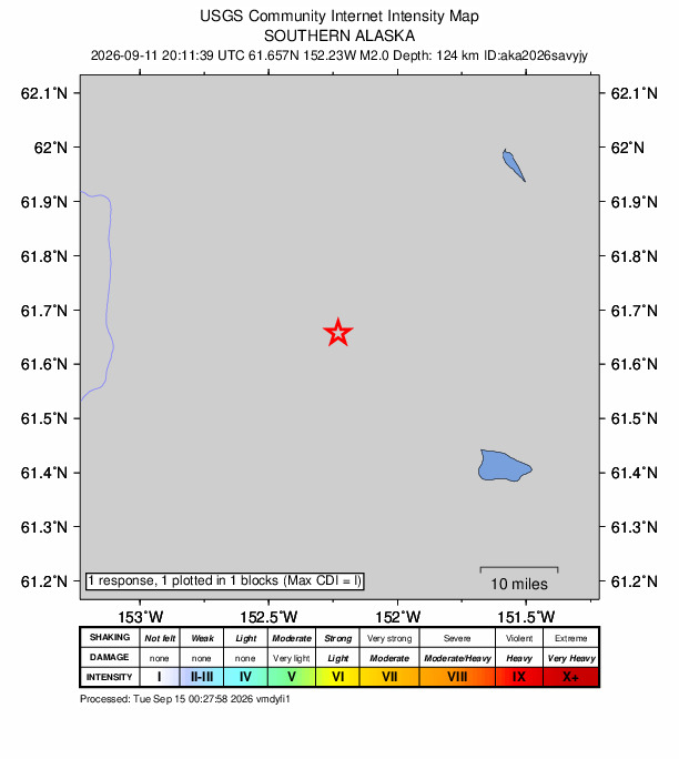 USGS DYFI community-reported intensity map for the M2.0 earthquake near 57 km SW of Skwentna, Alaska
