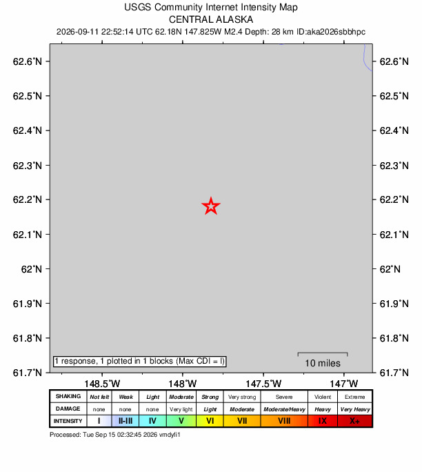 USGS DYFI community-reported intensity map for the M2.4 earthquake near 42 km NNW of Glacier View, Alaska
