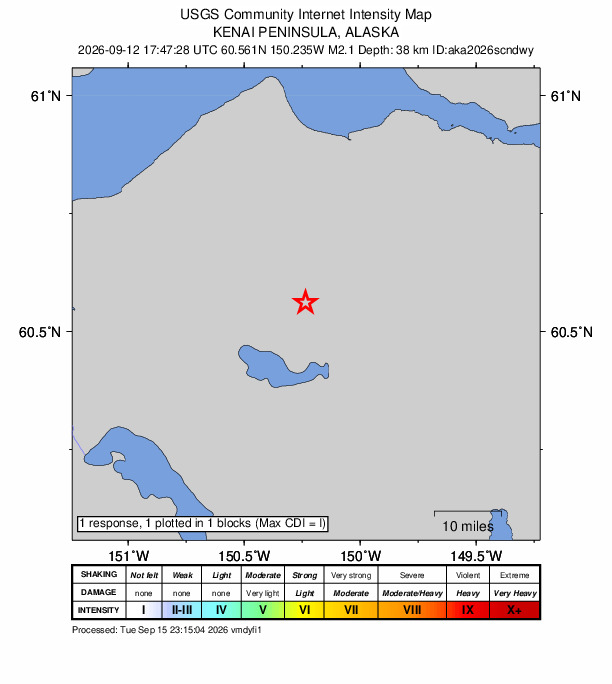 USGS DYFI community-reported intensity map for the M2.1 earthquake near 23 km WNW of Cooper Landing, Alaska