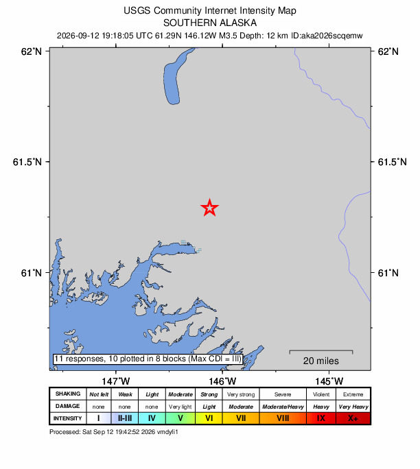 USGS DYFI community-reported intensity map for the M3.5 earthquake near 21 km NE of Valdez, Alaska