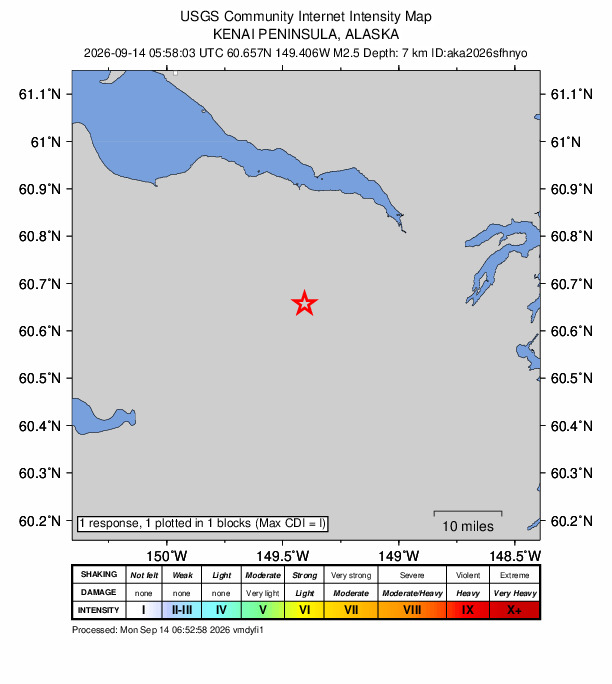 USGS DYFI community-reported intensity map for the M2.5 earthquake near 18 km N of Moose Pass, Alaska