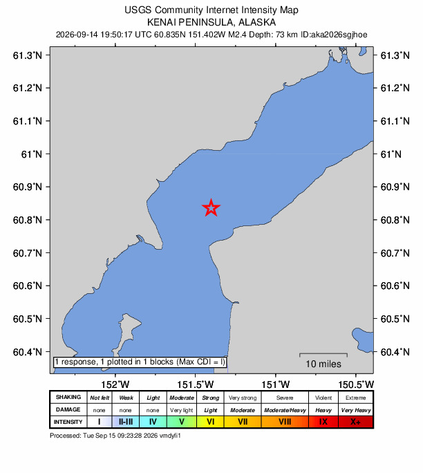 USGS DYFI community-reported intensity map for the M2.4 earthquake near 17 km NNW of Nikiski, Alaska